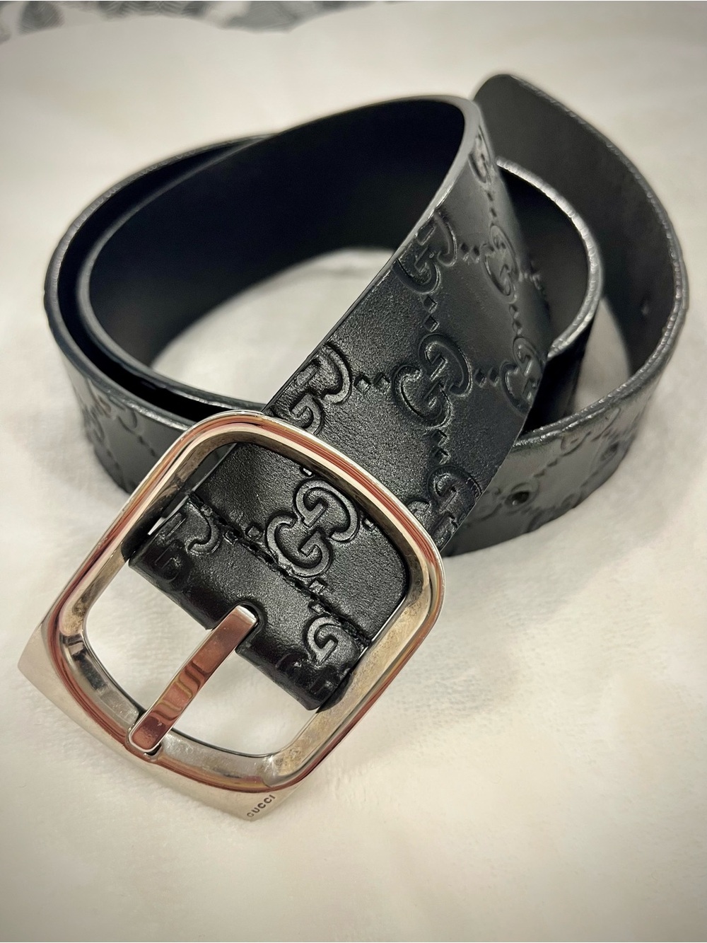 Gucci Black Monogram Guccissima Leather Silver Buckle Belt 85-34